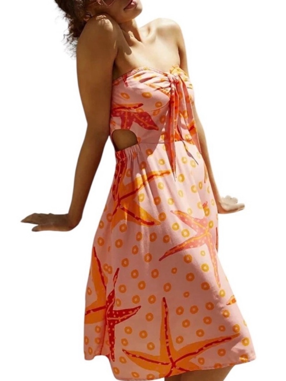 FARM Rio Pink and Orange Strapless Starfish Print Mini Dress